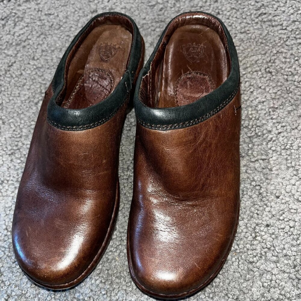 ARIAT Brown Leather Slip On Clog Mule Western Comfort Shoes EUC Women's Size 7B